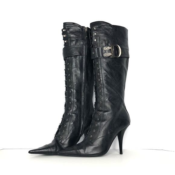 Vintage Christian Dior Fall 2000 CD Logo Pointed Toe Knee High Laceup Boots 39 - Picture 1 of 10